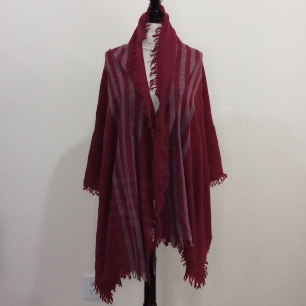 Eileen Fisher Burgundy Fringed Wool Blend Wrap/Shawl, OS - Picture 1 of 8